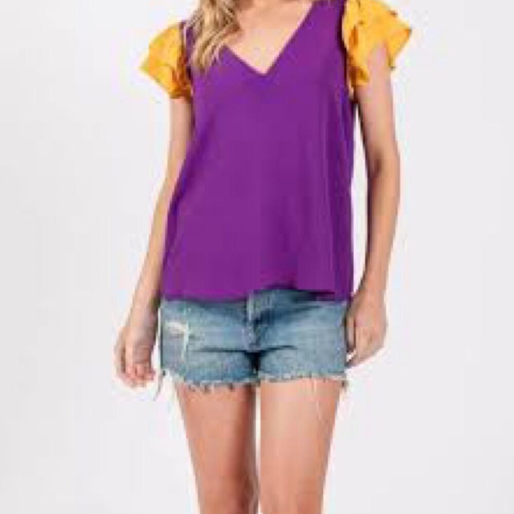 Collegiate LSU Women's large ECU Purple gold Blouse flutter sleeve y2K game day
